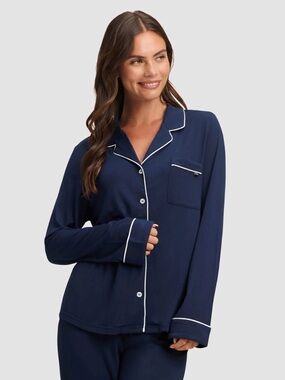 Cozy Earth Navy Button-Up Pajama Top with White Piping Medium